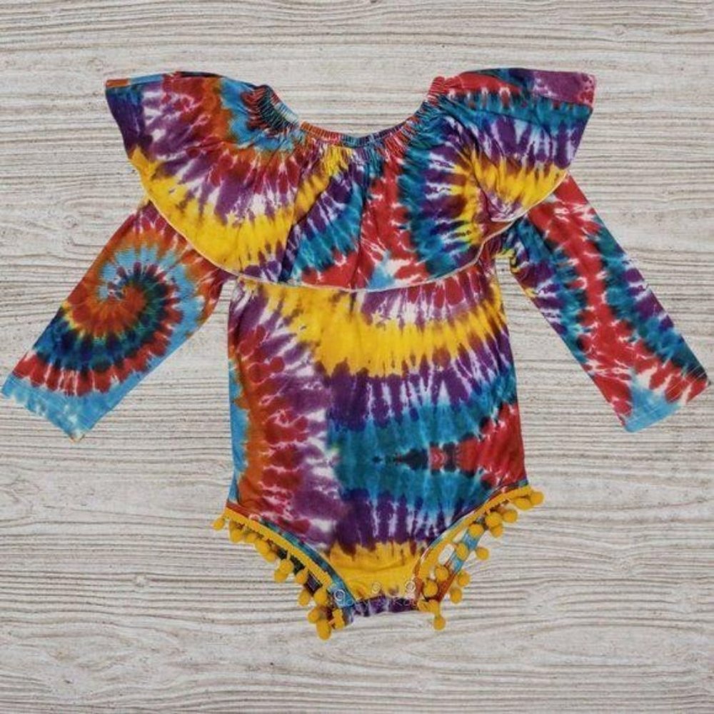 Rainbow Tie Dye Ruffle Pompom Long Sleeve Bodysuit